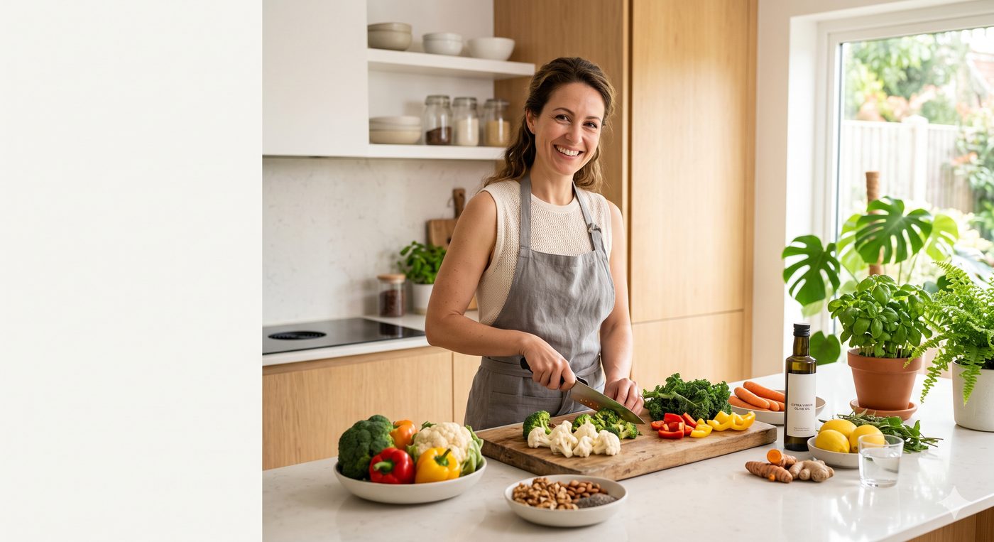 Woman smiling while chopping fresh vegetables in a bright kitchen with olive oil, nuts and colorful produce