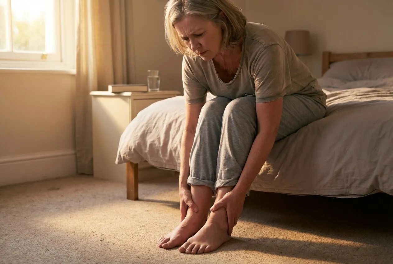 Woman sitting on the edge of her bed in the morning, touching her ankles in discomfort