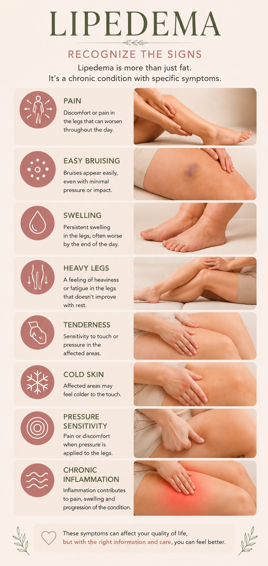 Recognize the signs of lipedema: pain, easy bruising, swelling, heavy legs, tenderness, cold skin, pressure sensitivity, and chronic inflammation