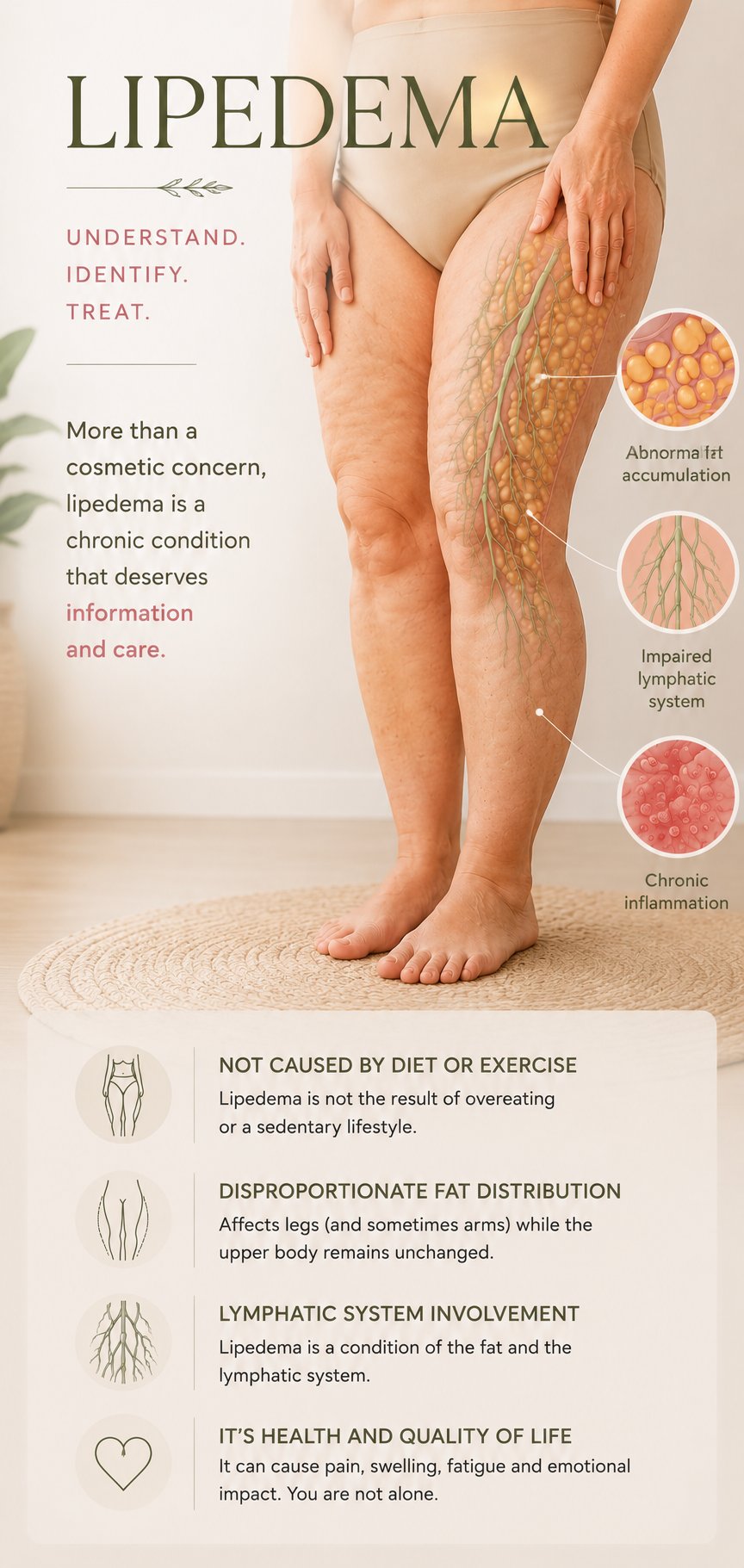 Lipedema: understand, identify, treat — not caused by diet or exercise, disproportionate fat distribution, lymphatic system involvement, it's about health and quality of life