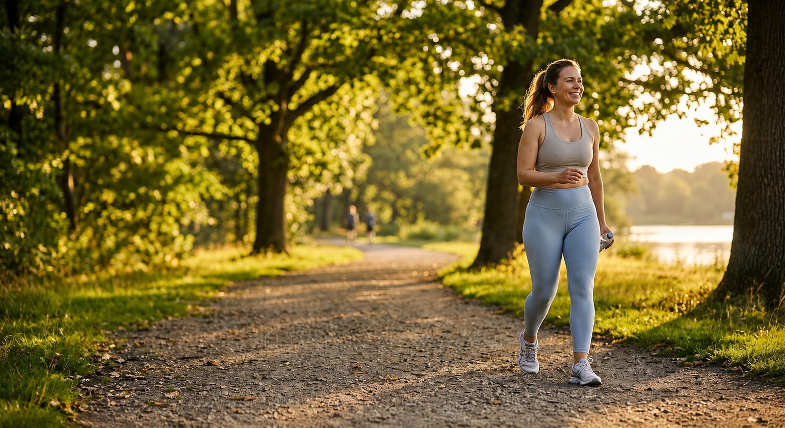 Woman walking on a sunlit park path in golden hour, smiling — gentle low-impact movement